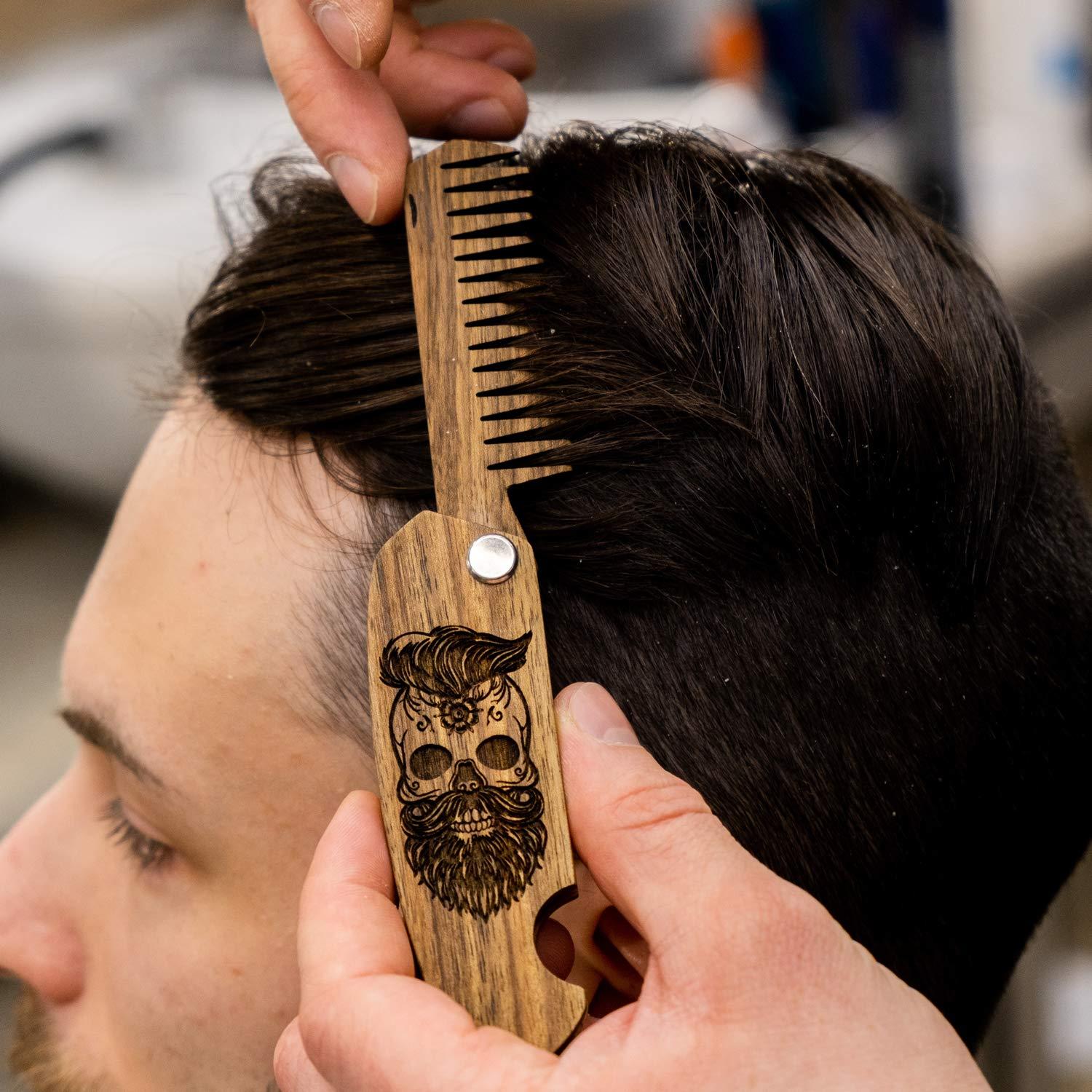 image:imageBeard Comb Gifts for Him Wooden Comb for Men Folding Pocket for Moustache Hair Walnut Combs Husband with the Engraving Skull