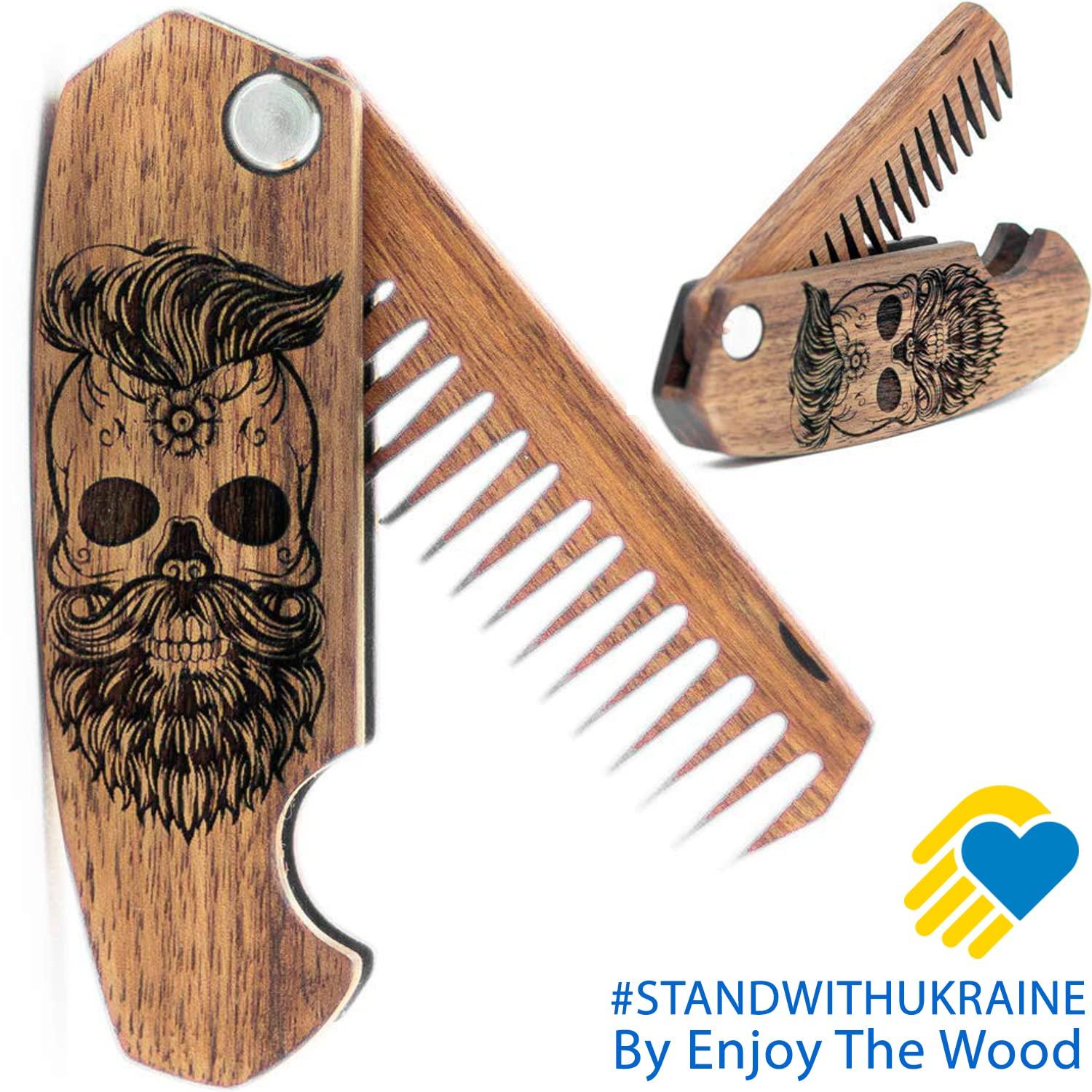 image:imageBeard Comb Gifts for Him Wooden Comb for Men Folding Pocket for Moustache Hair Walnut Combs Husband with the Engraving Skull
