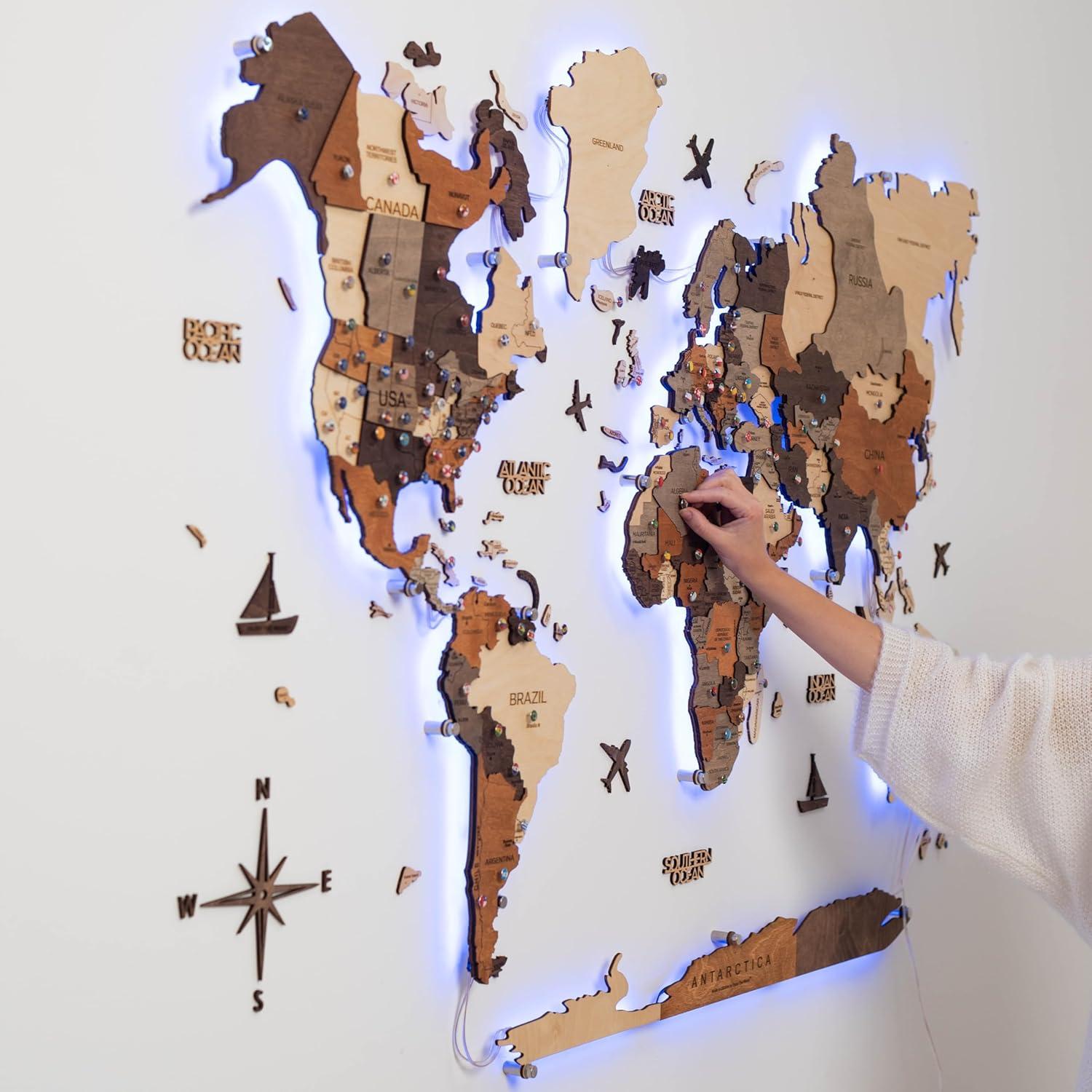 image:imageEnjoy The Wood 3D LED 30 Wood World Map Wall Art Modern Home Decor Gifts LED Lighting Wall Decor Housewarming Gift Idea Travel Wooden Maps Pinboard with Backlighting All Size Wall ArtWall Art