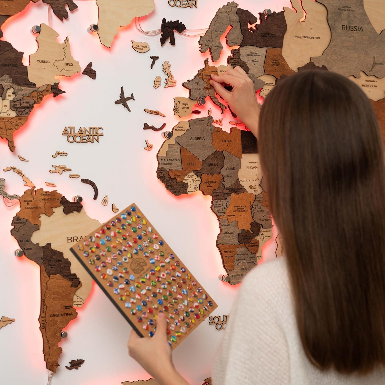 image:imageEnjoy The Wood 3D LED 30 Wood World Map Wall Art Modern Home Decor Gifts LED Lighting Wall Decor Housewarming Gift Idea Travel Wooden Maps Pinboard with Backlighting All Size Wall ArtWall Art