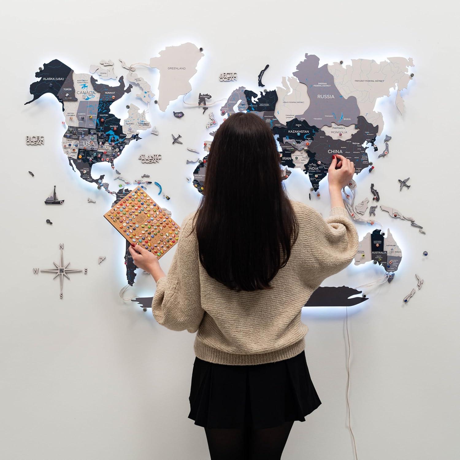 image:imageEnjoy The Wood 3D LED Wood World Map 30 with Luminous Option Wall Art Home Decor Gifts LED Lighting Wall Decor Housewarming Gift Idea Travel Wooden Maps with Backlighting Nordik
