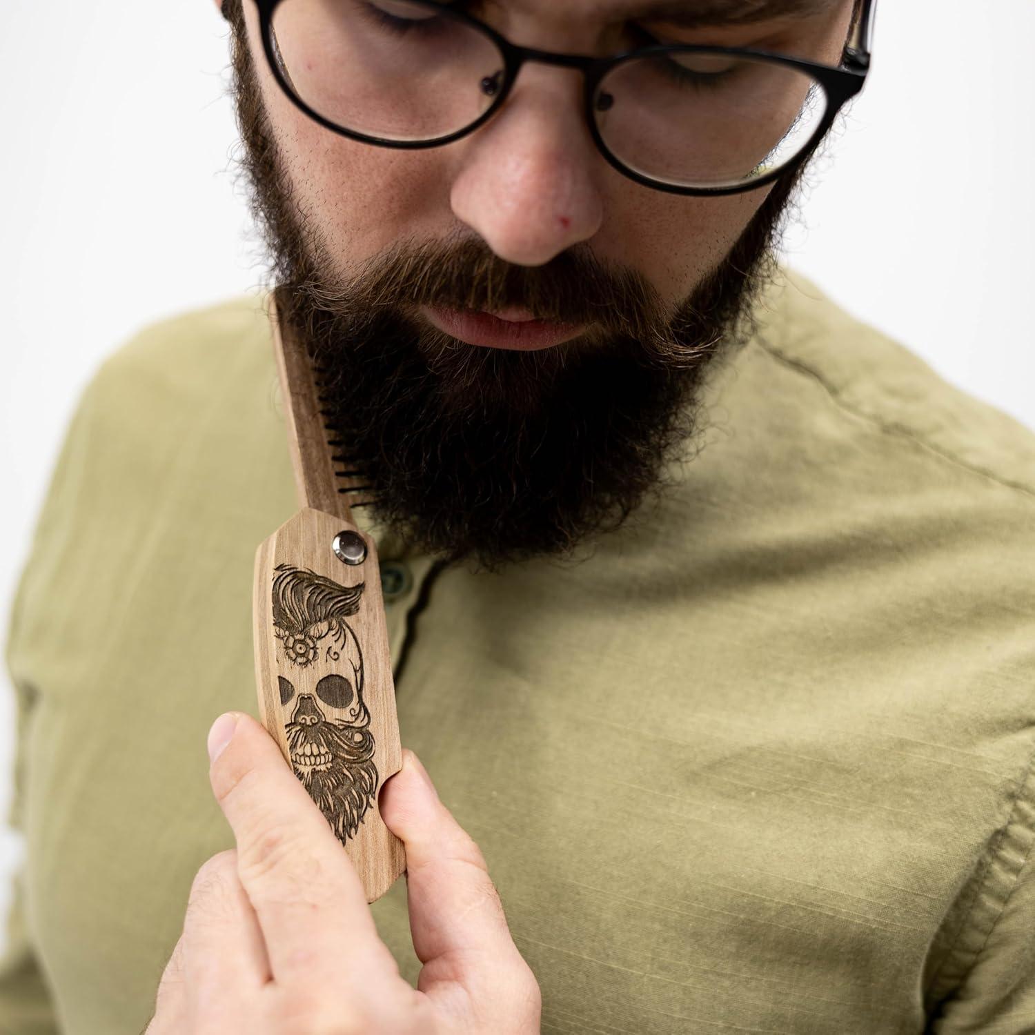 image:imageEnjoy The Wood Beard Comb for Men Folding Pocket Beard Accessories for Men Engraved Walnut Wooden Comb for Moustache Beard ampamp Hair For Him Half Skull