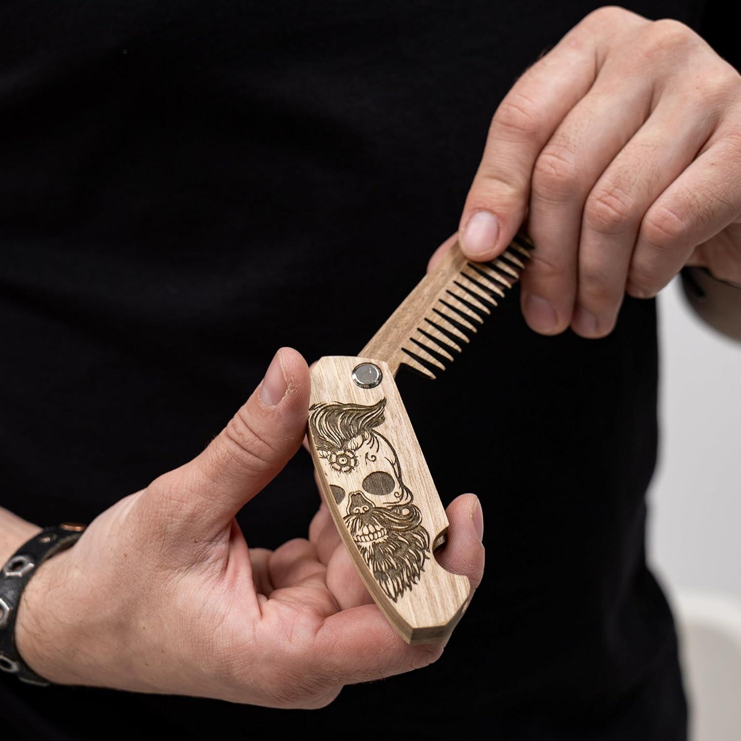 image:imageEnjoy The Wood Beard Comb for Men Folding Pocket Beard Accessories for Men Engraved Walnut Wooden Comb for Moustache Beard ampamp Hair For Him Half Skull