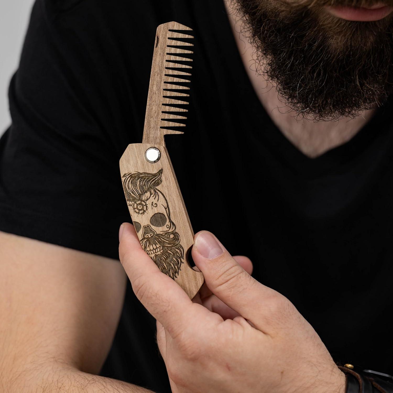 image:imageEnjoy The Wood Beard Comb for Men Folding Pocket Beard Accessories for Men Engraved Walnut Wooden Comb for Moustache Beard ampamp Hair For Him Half Skull