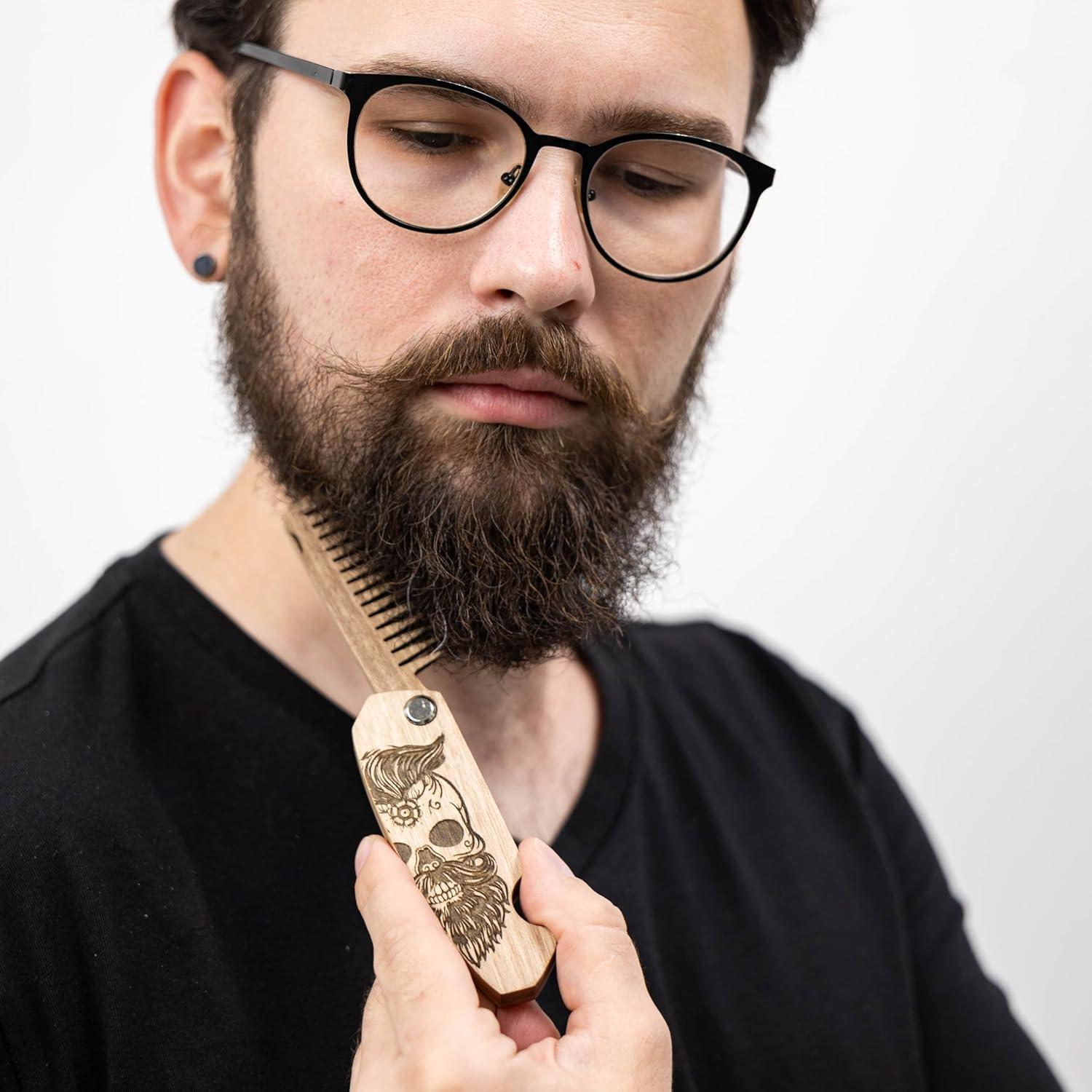 image:imageEnjoy The Wood Beard Comb for Men Folding Pocket Beard Accessories for Men Engraved Walnut Wooden Comb for Moustache Beard ampamp Hair For Him Half Skull
