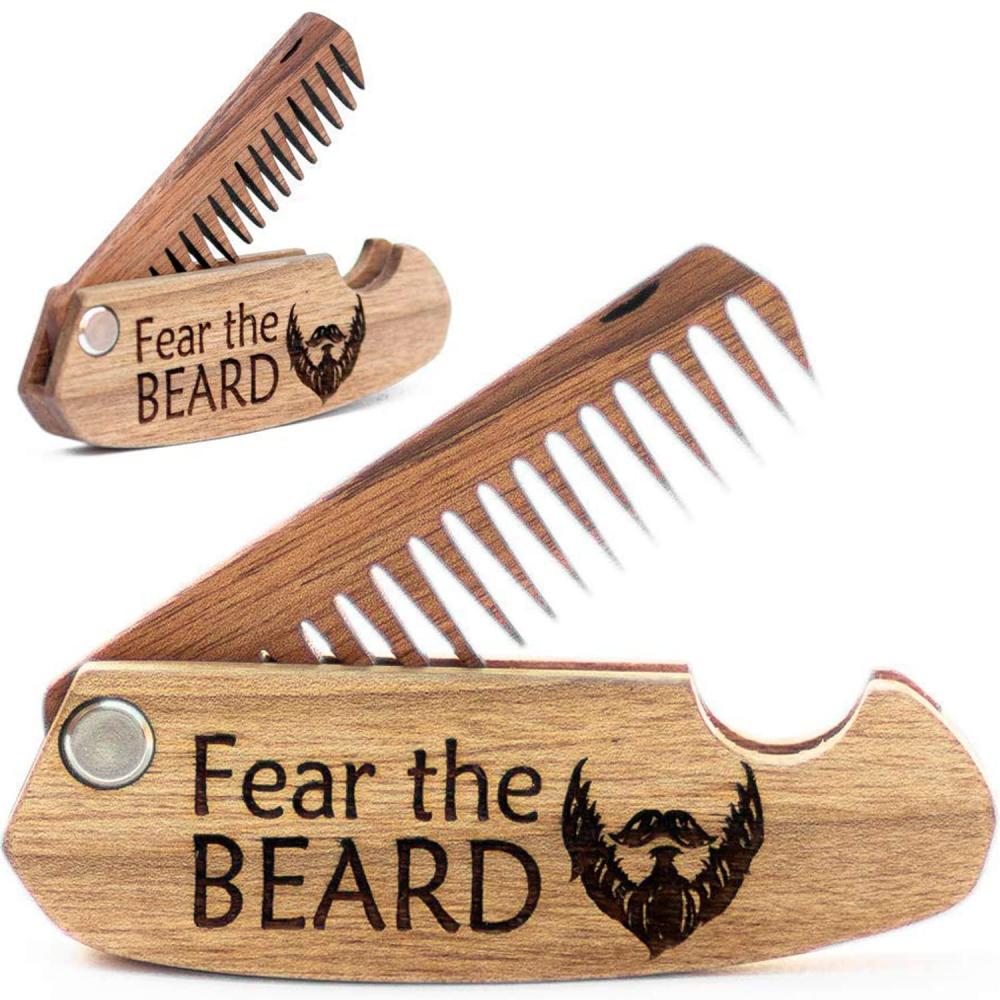 image:imageBeard Comb Gifts for Him Wooden Comb for Men Folding Pocket for Moustache Hair Walnut Combs Husband with the Engraving Fear The Beard
