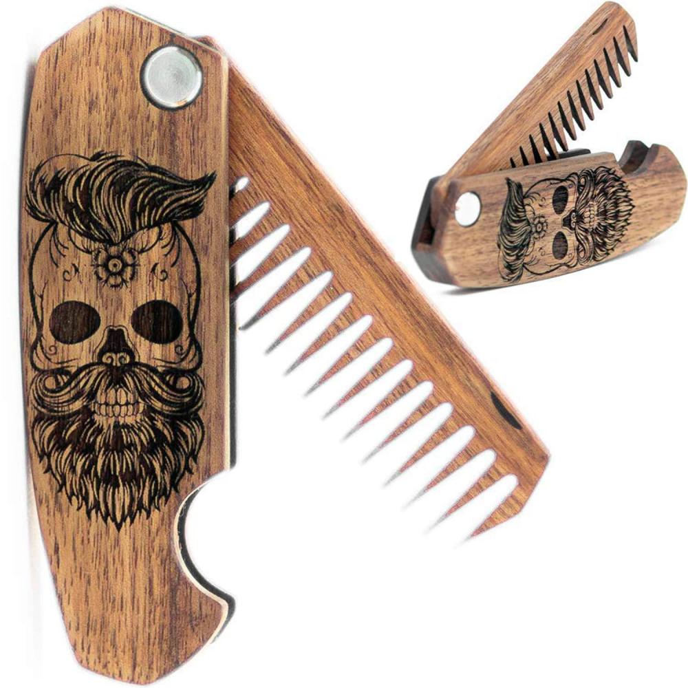 image:imageBeard Comb Gifts for Him Wooden Comb for Men Folding Pocket for Moustache Hair Walnut Combs Husband with the Engraving Skull