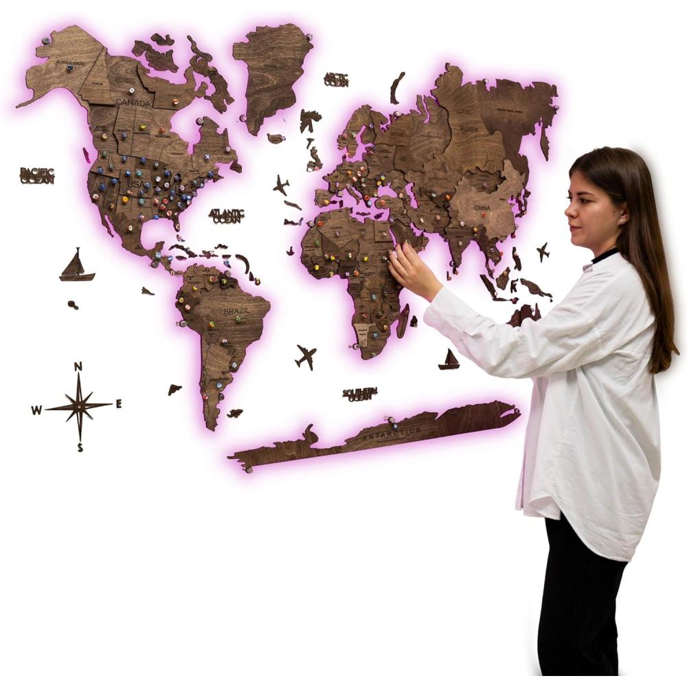 image:imageEnjoy The Wood 3D LED Wood World Map 30 Wall Art Modern Home Decor Gifts LED Lighting Wall Decor Housewarming Gift Idea Travel Wooden Maps with Backlighting All Size Dark WalnutDark Walnut