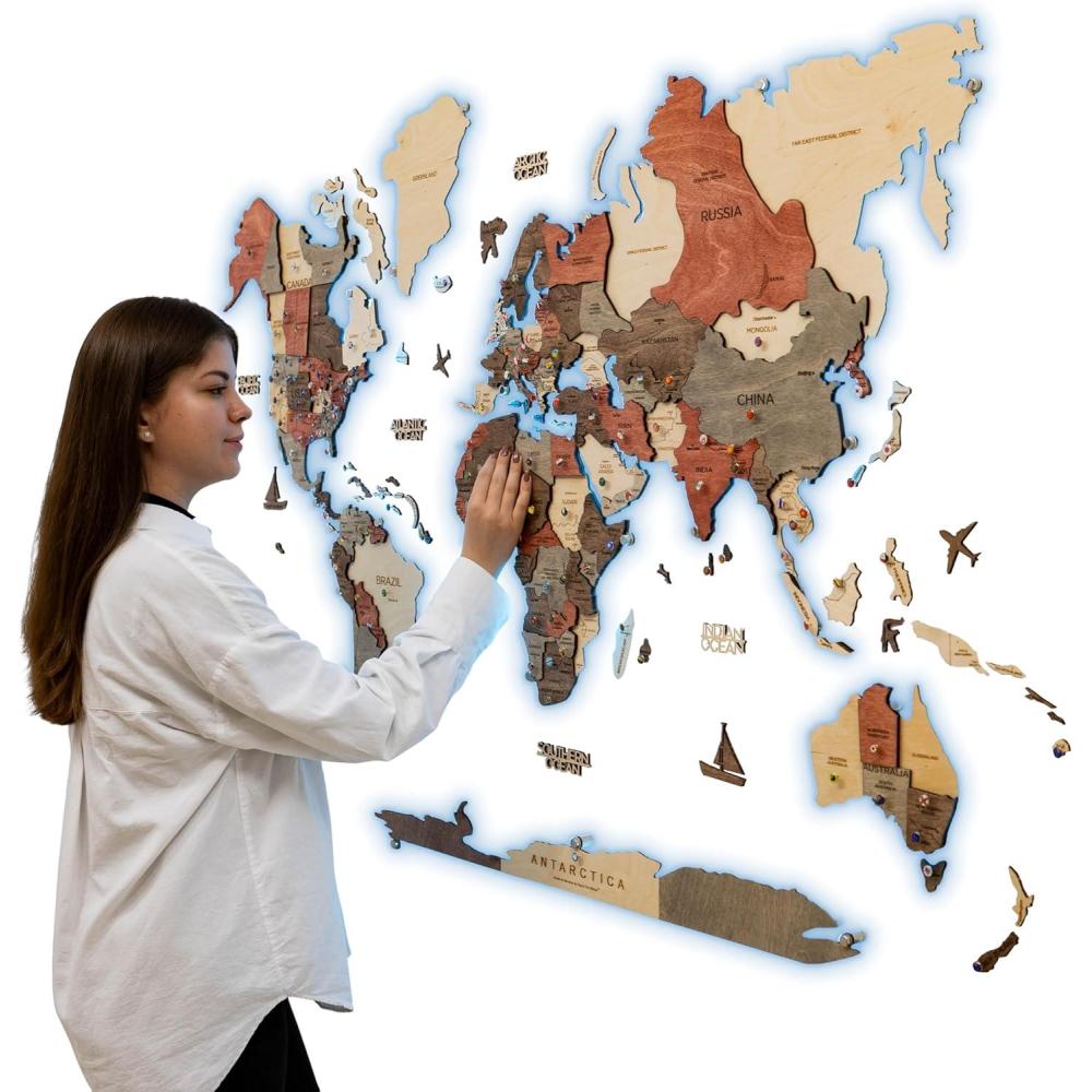 image:imageEnjoy The Wood 3D LED Wood World Map 30  Wall Art Modern Home Decor Gifts  LED Lighting Wall Decor Housewarming Gift Idea  Travel Wooden Maps with Backlighting All Size Dark WalnutFusion