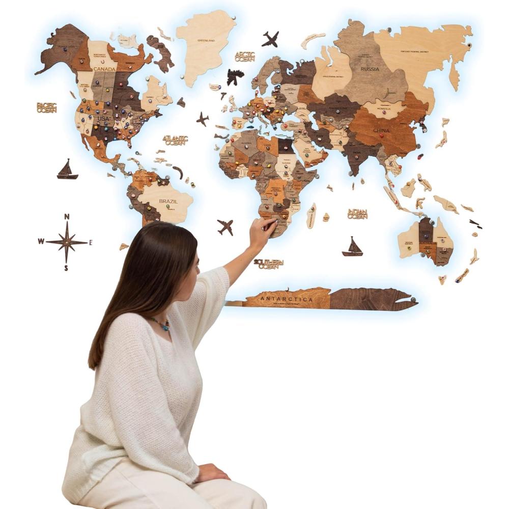 image:imageEnjoy The Wood 3D LED Wood World Map 30 Wall Art Modern Home Decor Gifts LED Lighting Wall Decor Housewarming Gift Idea Travel Wooden Maps with Backlighting All Size Dark WalnutMulticolor