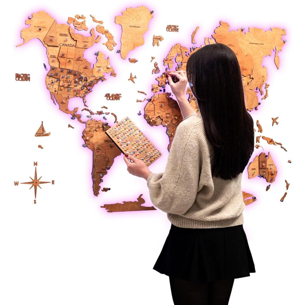 image:imageEnjoy The Wood 3D LED Wood World Map 30 Wall Art Modern Home Decor Gifts LED Lighting Wall Decor Housewarming Gift Idea Travel Wooden Maps with Backlighting All Size Dark WalnutOak