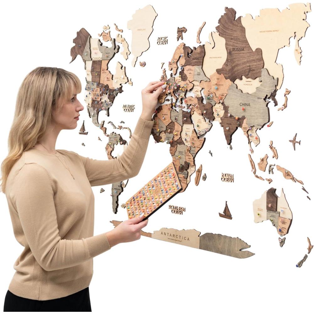 image:imageEnjoy The Wood 3D Wood World Map Wall Art Large Wood Wall Dcor Housewarming Gift Idea Art World Travel Map For Home ampamp Kitchen or Office Oak L UnframedSmokey