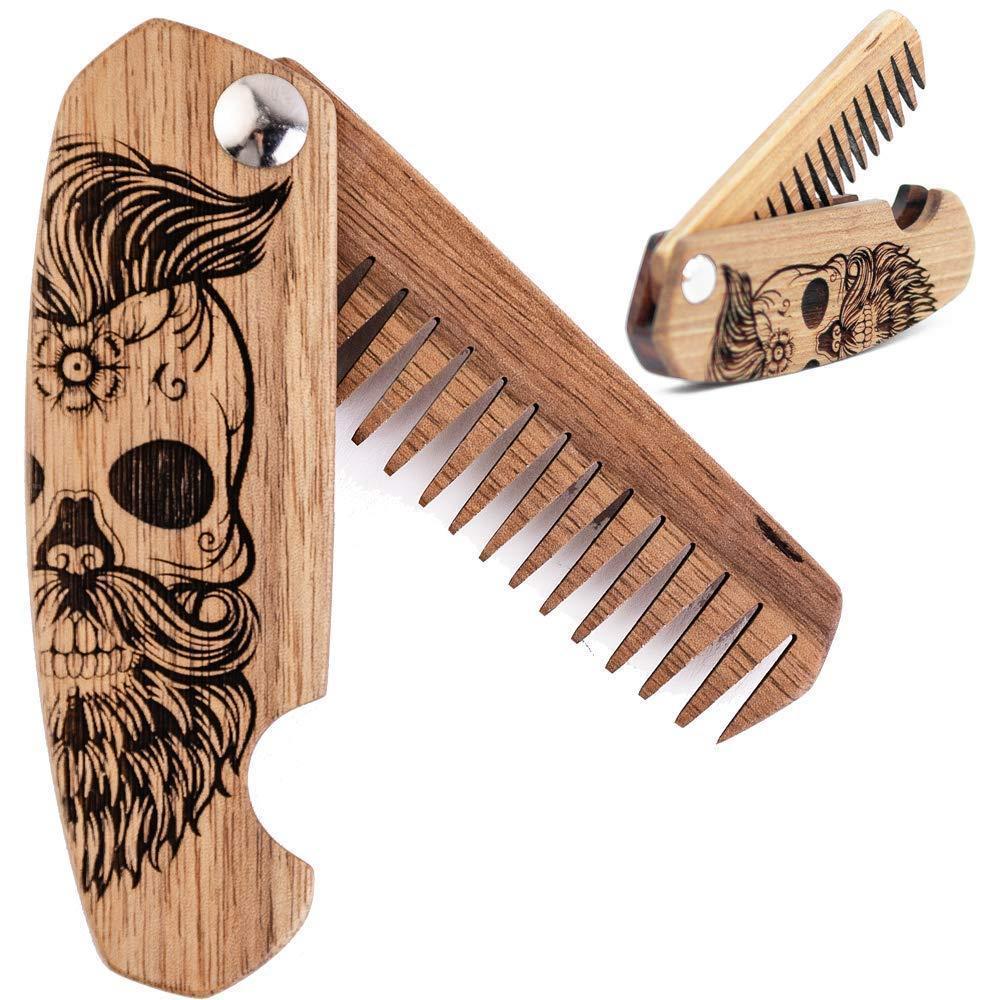 image:imageEnjoy The Wood Beard Comb for Men Folding Pocket Beard Accessories for Men Engraved Walnut Wooden Comb for Moustache Beard ampamp Hair For Him Half Skull