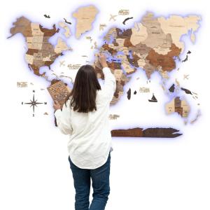 Enjoy The Wood 3D LED 3.0 Wood World Map Wall Art Modern Home Decor Gifts LED Lighting Wall Decor Housewarming Gift Idea Travel Wooden Maps Pinboard with Backlighting All Size (Wall Art)(Wall Art)