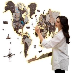 Enjoy The Wood 3D LED Wood World Map 3.0 – Wall Art Modern Home Decor Gifts – LED Lighting Wall Decor Housewarming Gift Idea – Travel Wooden Maps with Backlighting All Size (Dark Walnut)(Cappuccino)