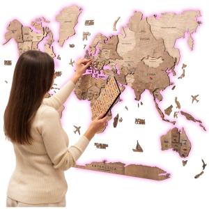 Enjoy The Wood 3D LED Wood World Map 3.0 – Wall Art Modern Home Decor Gifts – LED Lighting Wall Decor Housewarming Gift Idea – Travel Wooden Maps with Backlighting All Size (Dark Walnut)(Terra)