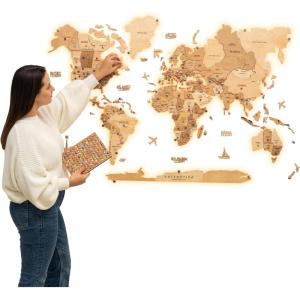 Enjoy The Wood 3D LED Wood World Map 3.0 – Wall Art Modern Home Decor Gifts – LED Lighting Wall Decor Housewarming Gift Idea – Travel Wooden Maps with Backlighting All Size (Dark Walnut)(Light)