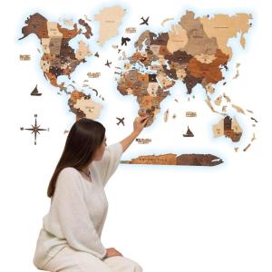 Enjoy The Wood 3D LED Wood World Map 3.0 – Wall Art Modern Home Decor Gifts – LED Lighting Wall Decor Housewarming Gift Idea – Travel Wooden Maps with Backlighting All Size (Dark Walnut)(Multicolor)