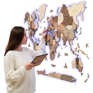 Enjoy The Wood 3D LED Wood World Map 3.0 – Wall Art Modern Home Decor Gifts – LED Lighting Wall Decor Housewarming Gift Idea – Travel Wooden Maps with Backlighting All Size (Dark Walnut)(Smokey)