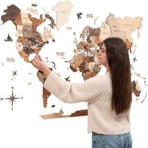 Enjoy The Wood 3D Wood World Map Wall Art Large Wood Wall Décor Housewarming Gift Idea Art World Travel Map For Home & Kitchen or Office (Oak, L, Unframed)(Multicolor)