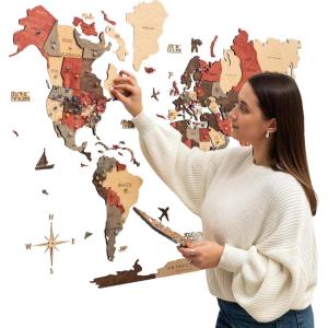Enjoy The Wood 3D Wood World Map Wall Art Large Wood Wall Décor Housewarming Gift Idea Art World Travel Map For Home & Kitchen or Office (Oak, L, Unframed)(Fusion)