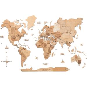 Enjoy The Wood 3D Wood World Map Wall Art Large Wood Wall Décor Housewarming Gift Idea Art World Travel Map For Home & Kitchen or Office (Oak, L, Unframed)(Light)