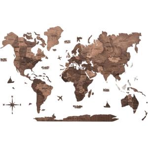 Enjoy The Wood 3D Wood World Map Wall Art Large Wood Wall Décor Housewarming Gift Idea Art World Travel Map For Home & Kitchen or Office (Oak, L, Unframed)(Dark Walnut)