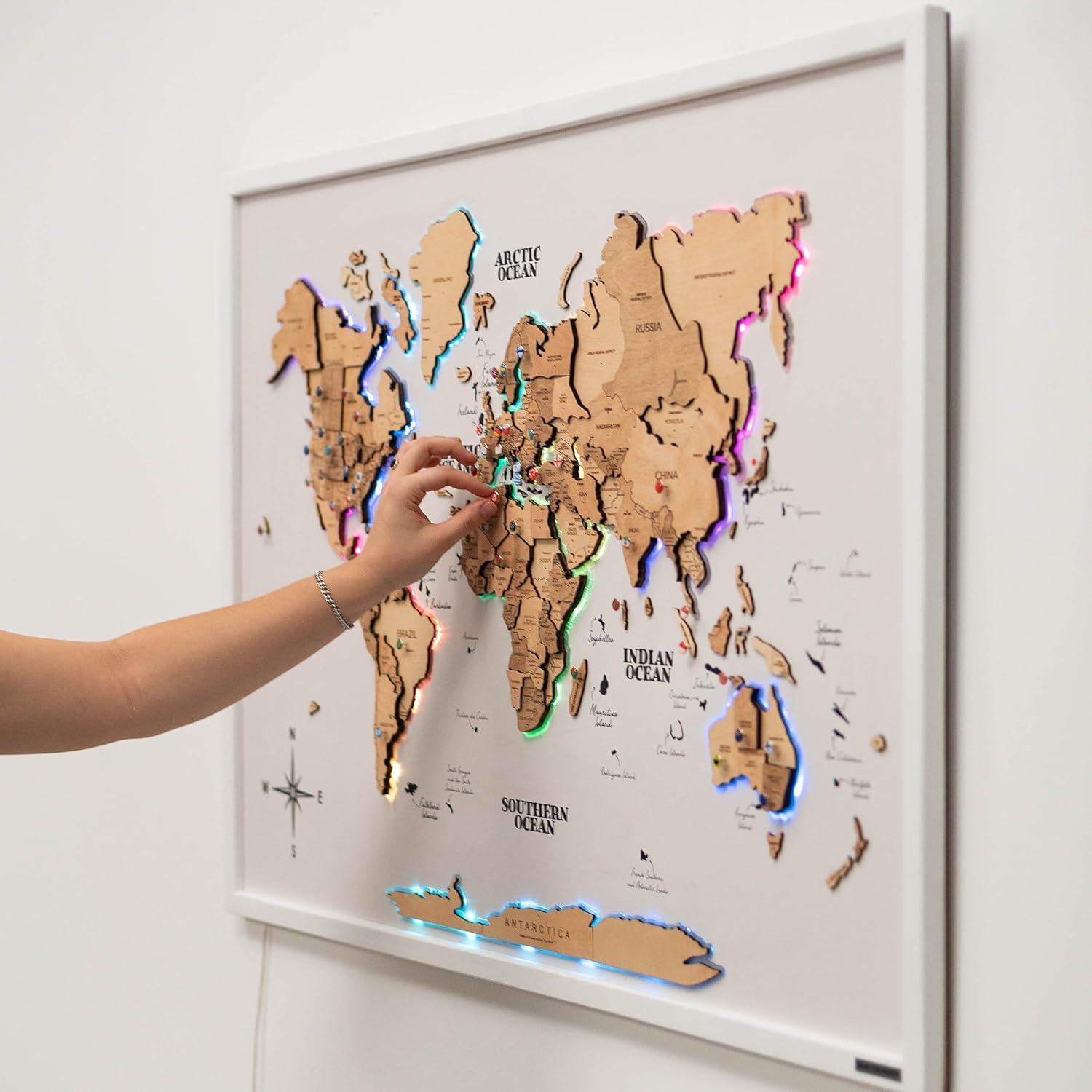 image:imageENJOY THE WOOD Wooden World Map on Board with LED Backlight 20 Handmade World Maps for Wall with Frame Personalizable Travel Map with Pins for Living Room Office or Bedroom Multicolor MediumLight