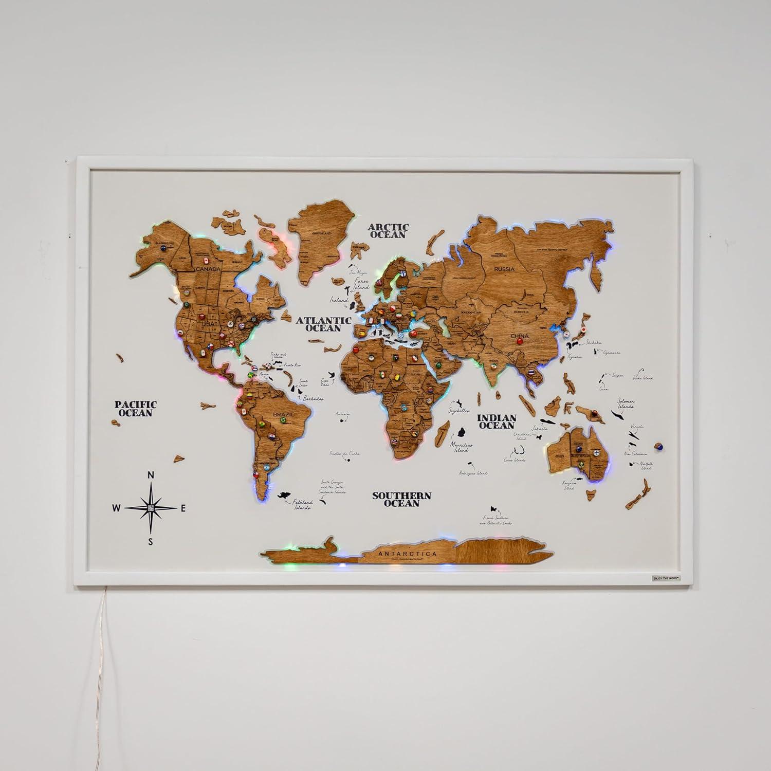 image:imageENJOY THE WOOD Wooden World Map on Board with LED Backlight 20 Handmade World Maps for Wall with Frame Personalizable Travel Map with Pins for Living Room Office or Bedroom Multicolor MediumOak
