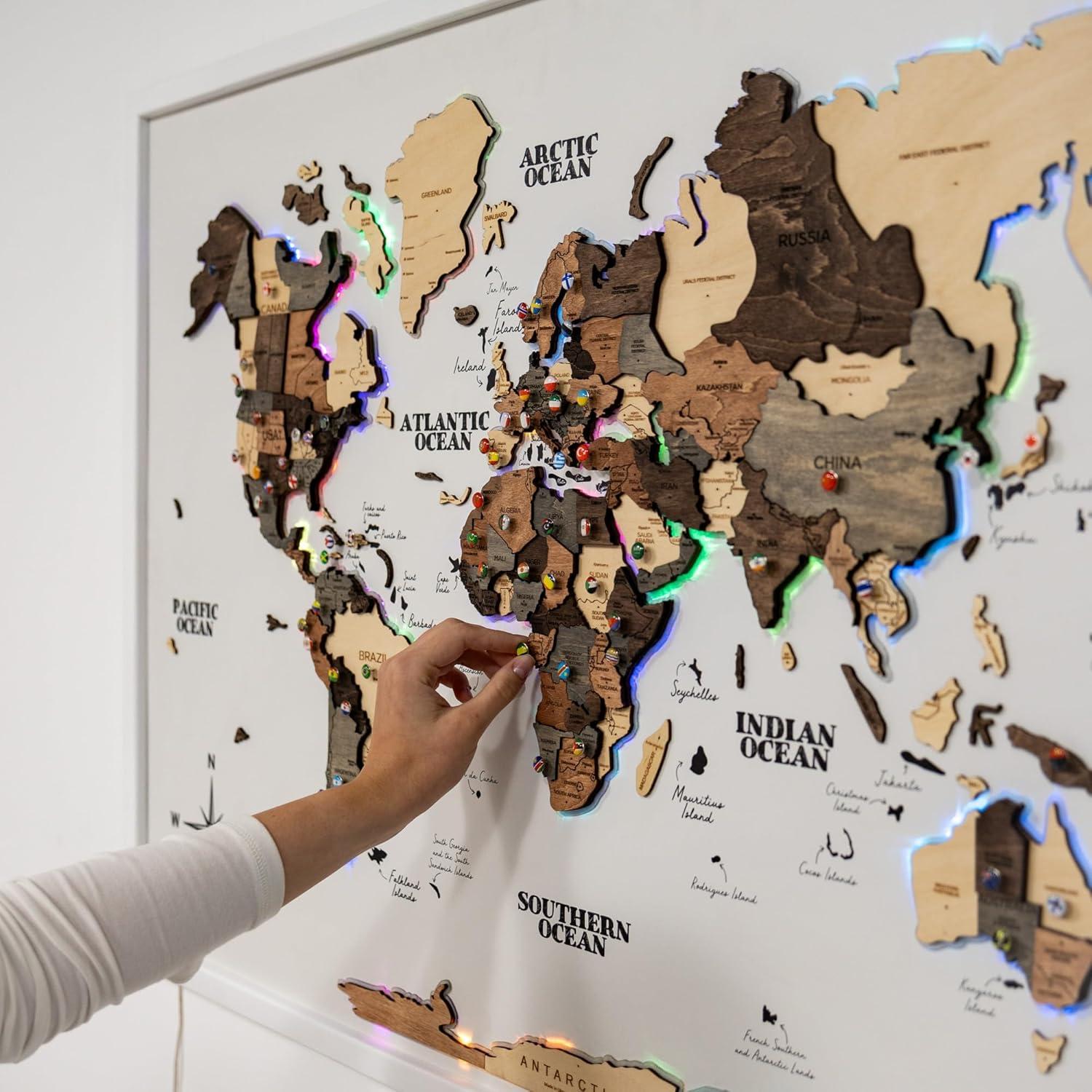 image:imageENJOY THE WOOD Wooden World Map on Board with LED Backlight 20 Handmade World Maps for Wall with Frame Personalizable Travel Map with Pins for Living Room Office or Bedroom Multicolor MediumSmokey