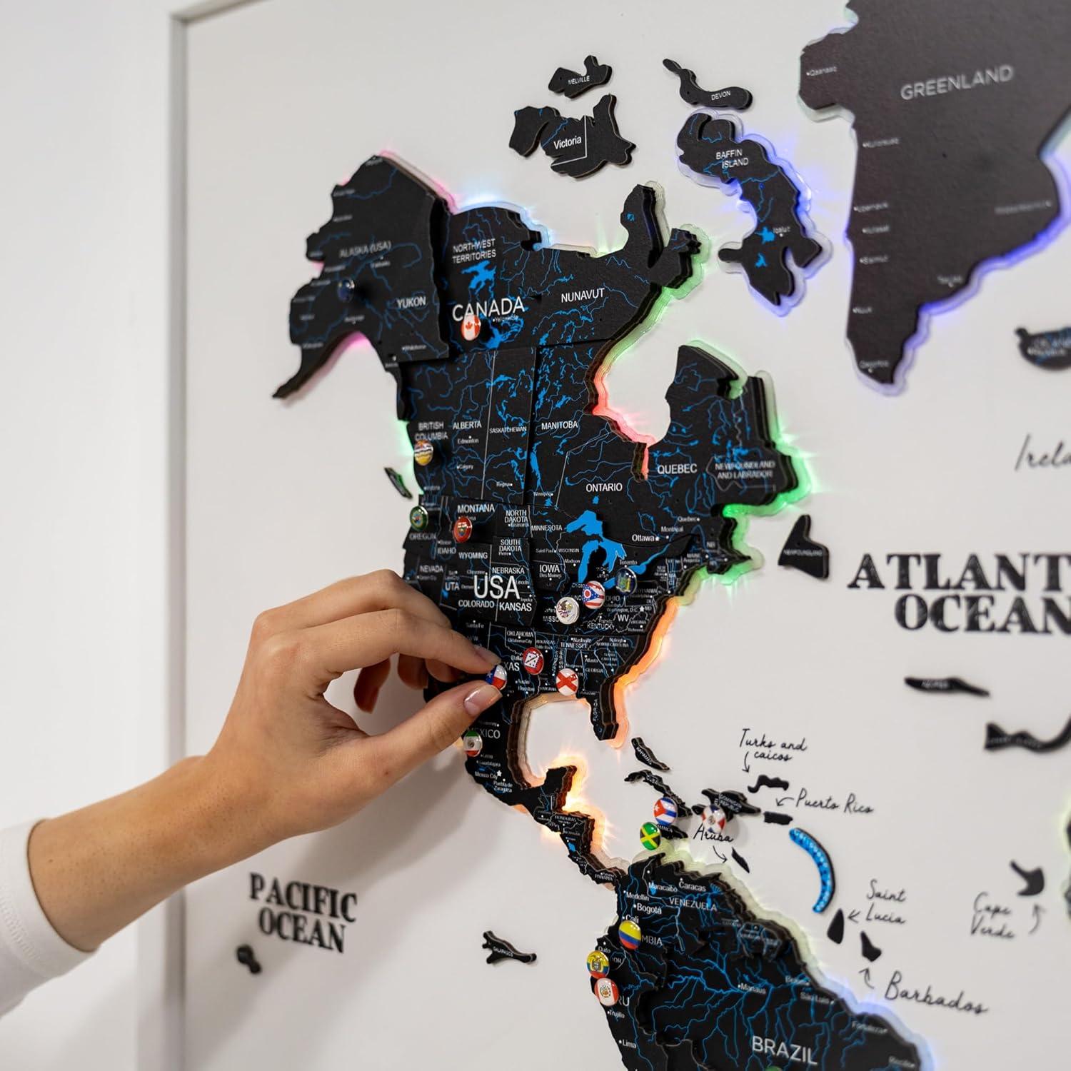 image:imageENJOY THE WOOD Wooden World Map on Board with LED Backlight 20 Handmade World Maps for Wall with Frame Personalizable Travel Map with Pins for Living Room Office or Bedroom Multicolor MediumMidnight