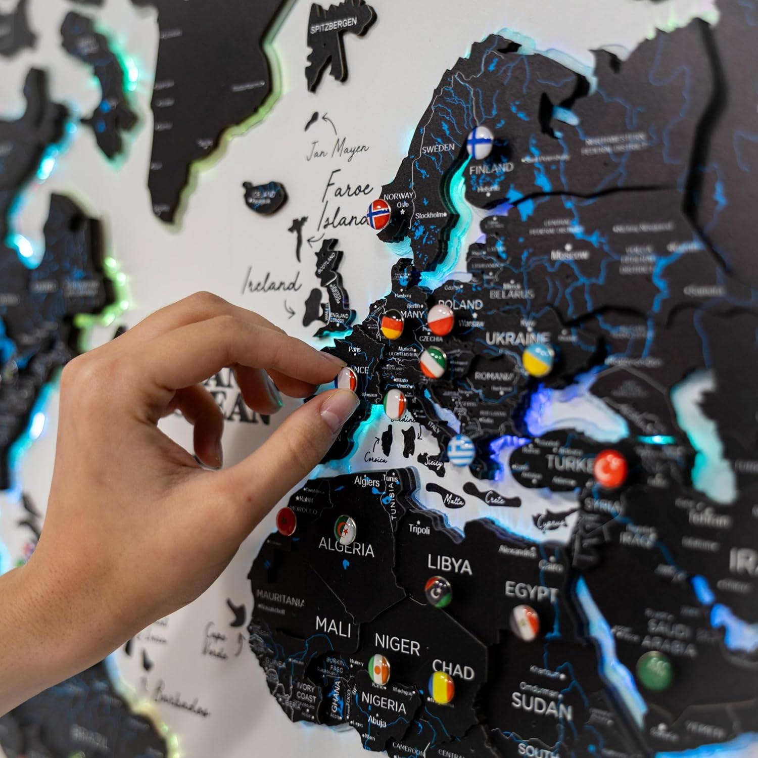 image:imageENJOY THE WOOD Wooden World Map on Board with LED Backlight 20 Handmade World Maps for Wall with Frame Personalizable Travel Map with Pins for Living Room Office or Bedroom Multicolor MediumMidnight