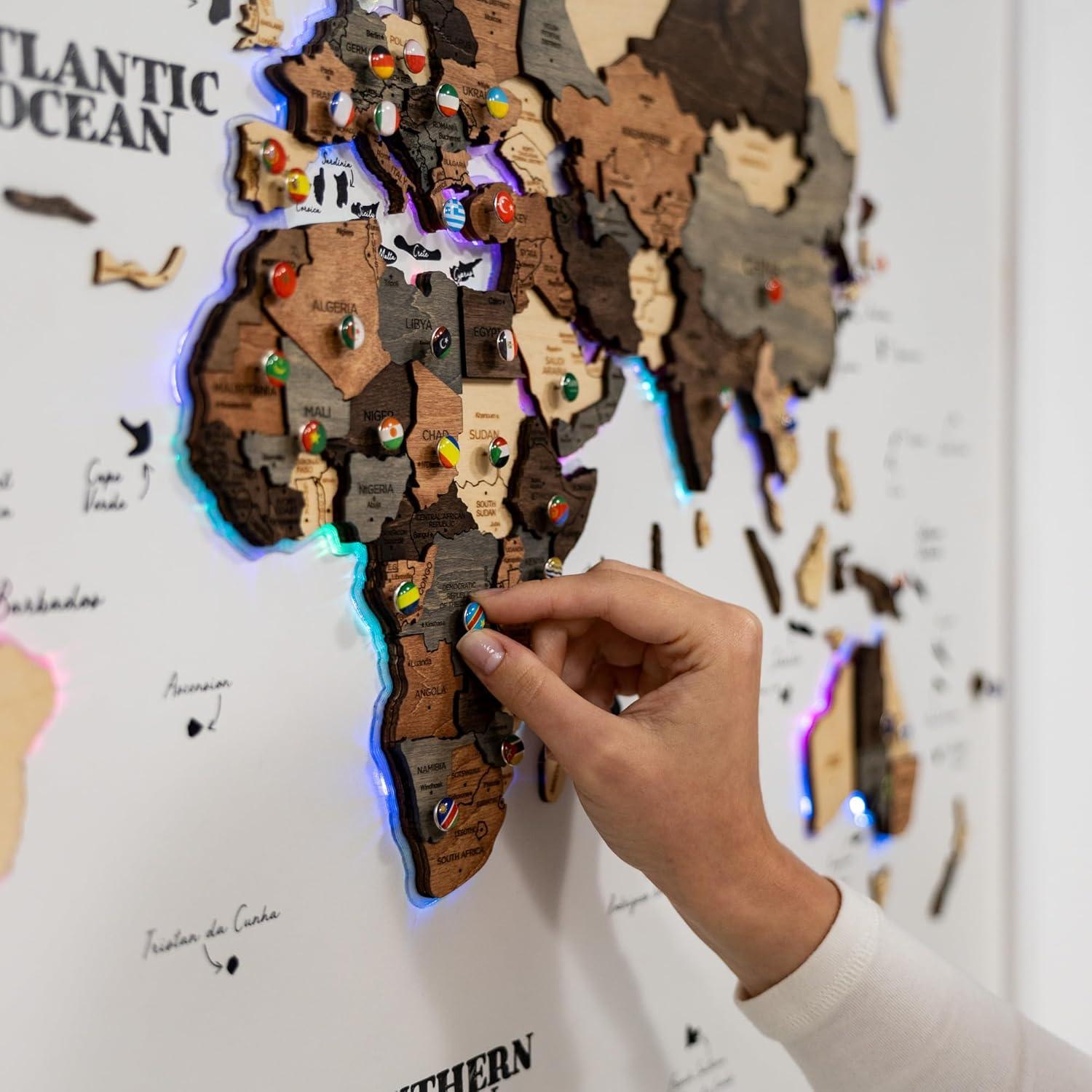image:imageENJOY THE WOOD Wooden World Map on Board with LED Backlight 20 Handmade World Maps for Wall with Frame Personalizable Travel Map with Pins for Living Room Office or Bedroom Multicolor MediumSmokey