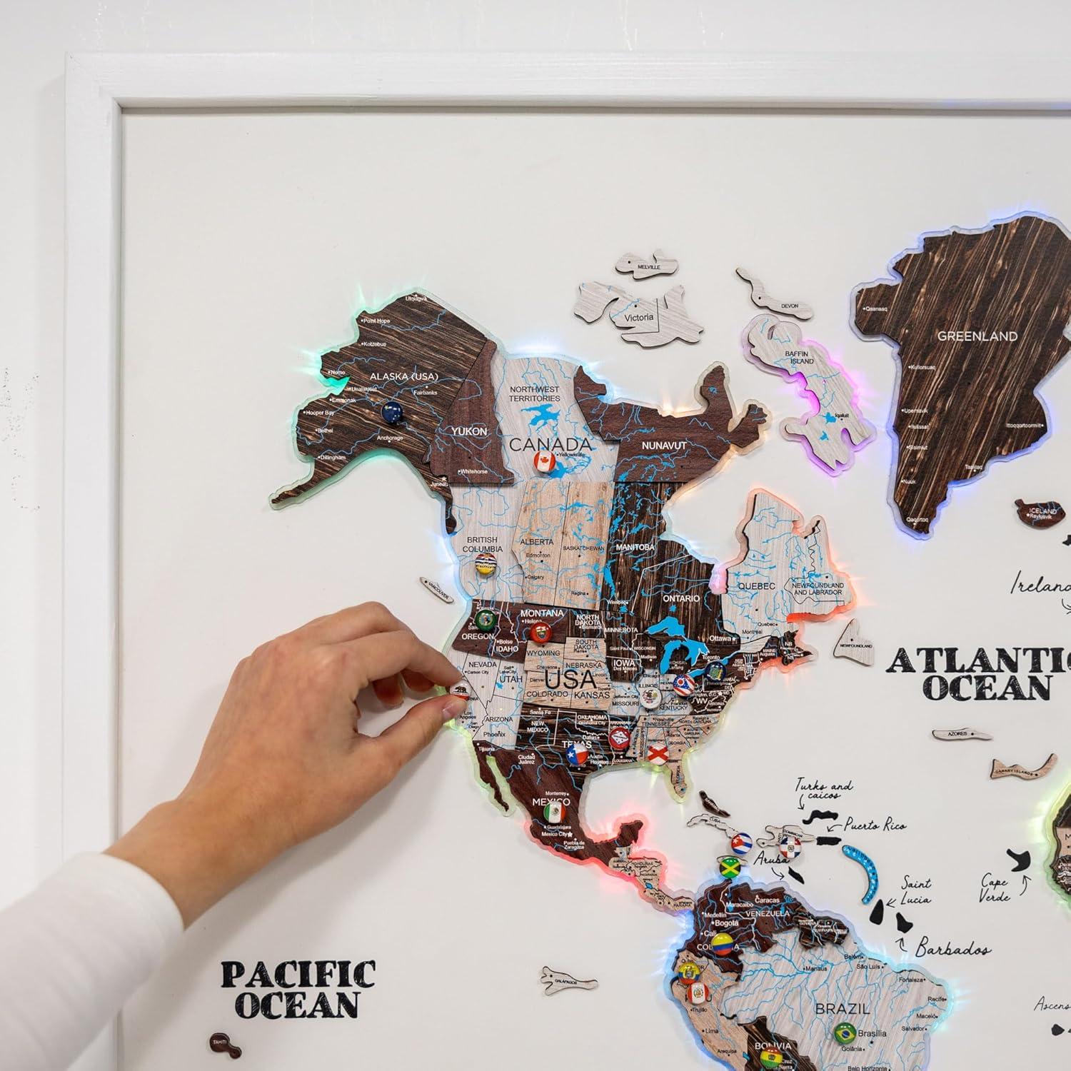 image:imageENJOY THE WOOD Wooden World Map on Board with LED Backlight 20 Handmade World Maps for Wall with Frame Personalizable Travel Map with Pins for Living Room Office or Bedroom Multicolor MediumCappuccino