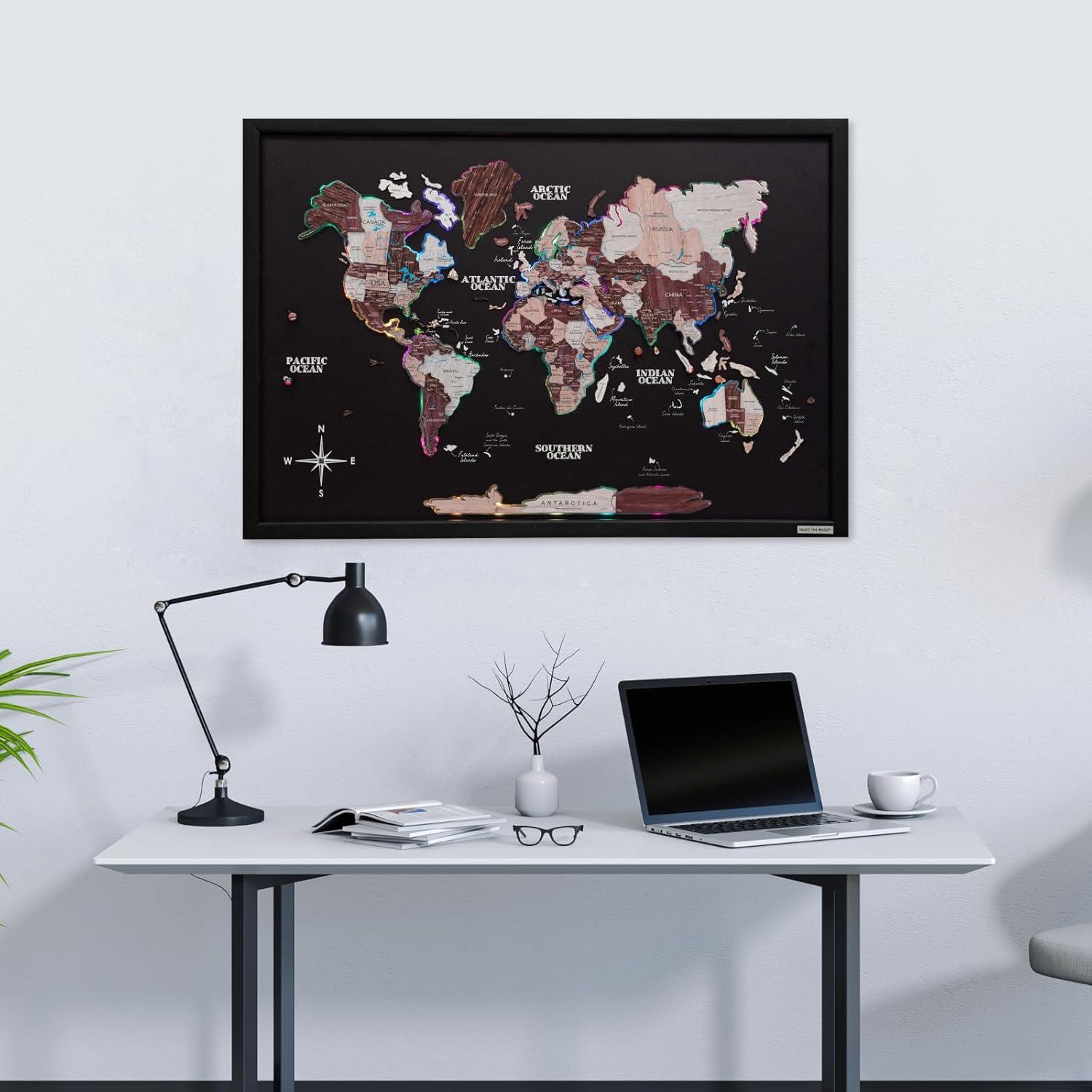 image:imageENJOY THE WOOD Wooden World Map on Board with LED Backlight 20 Handmade World Maps for Wall with Frame Personalizable Travel Map with Pins for Living Room Office or Bedroom Multicolor MediumCappuccino