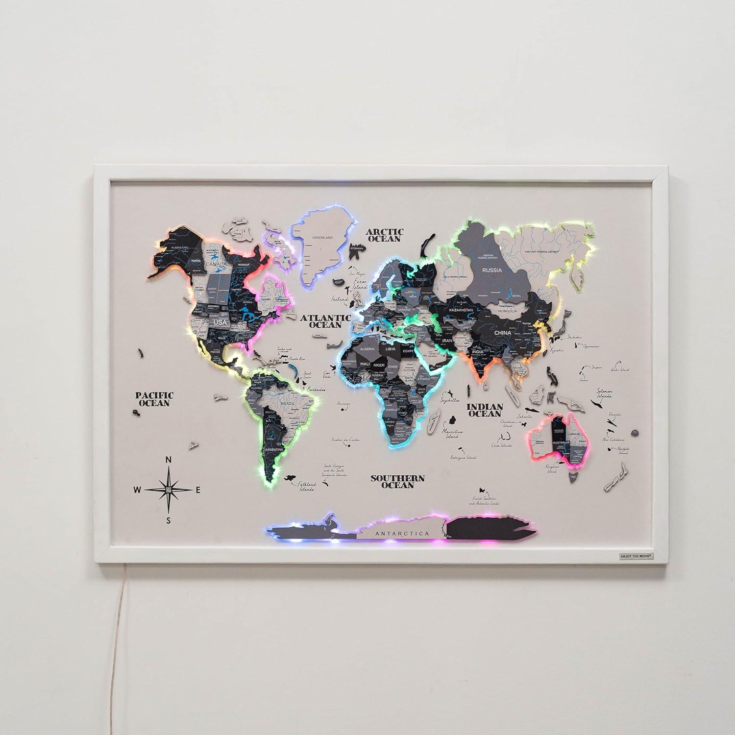 image:imageENJOY THE WOOD Wooden World Map on Board with LED Backlight 20 Handmade World Maps for Wall with Frame Personalizable Travel Map with Pins for Living Room Office or Bedroom Multicolor MediumNordik