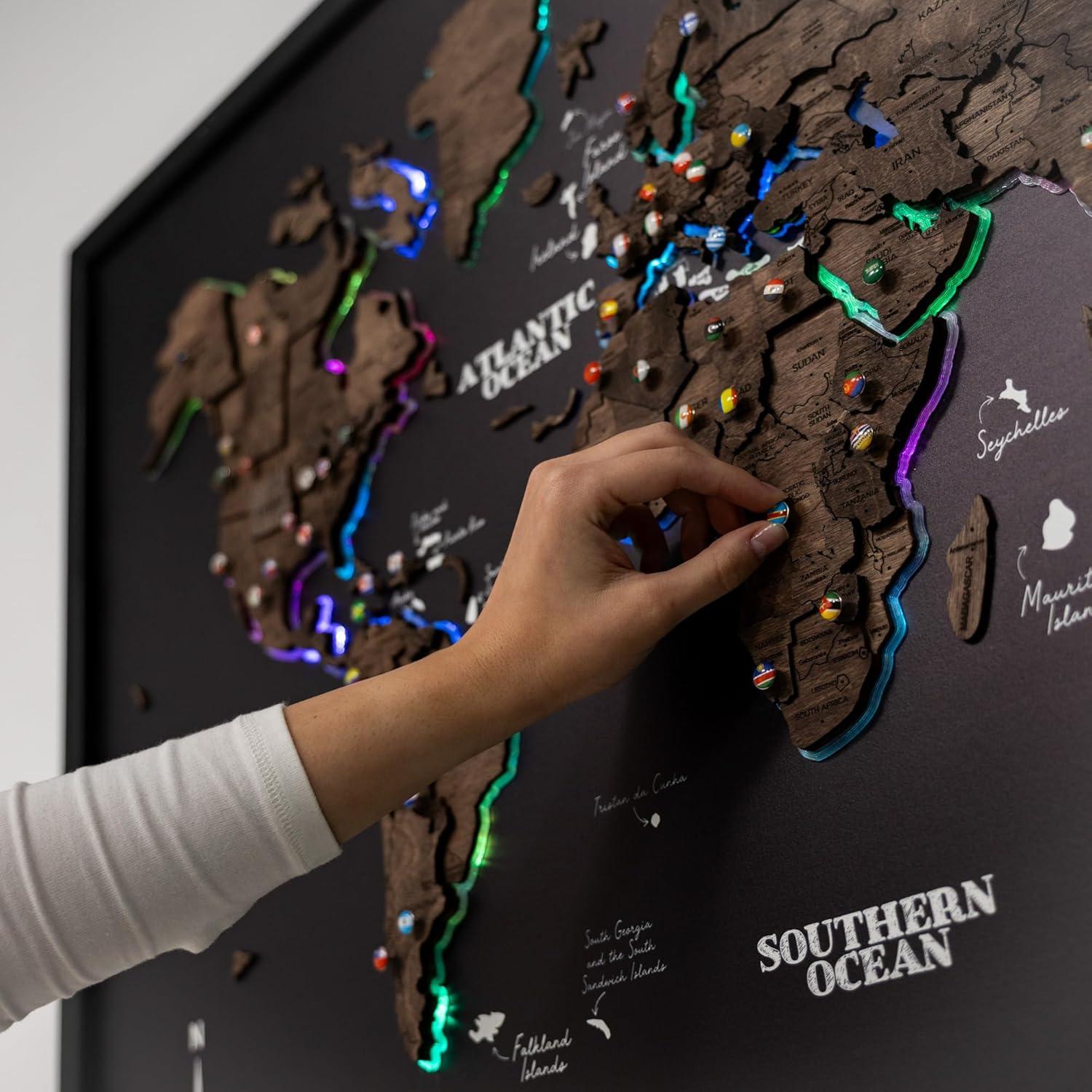 image:imageENJOY THE WOOD Wooden World Map on Board with LED Backlight 20 Handmade World Maps for Wall with Frame Personalizable Travel Map with Pins for Living Room Office or Bedroom Multicolor MediumDark Walnut