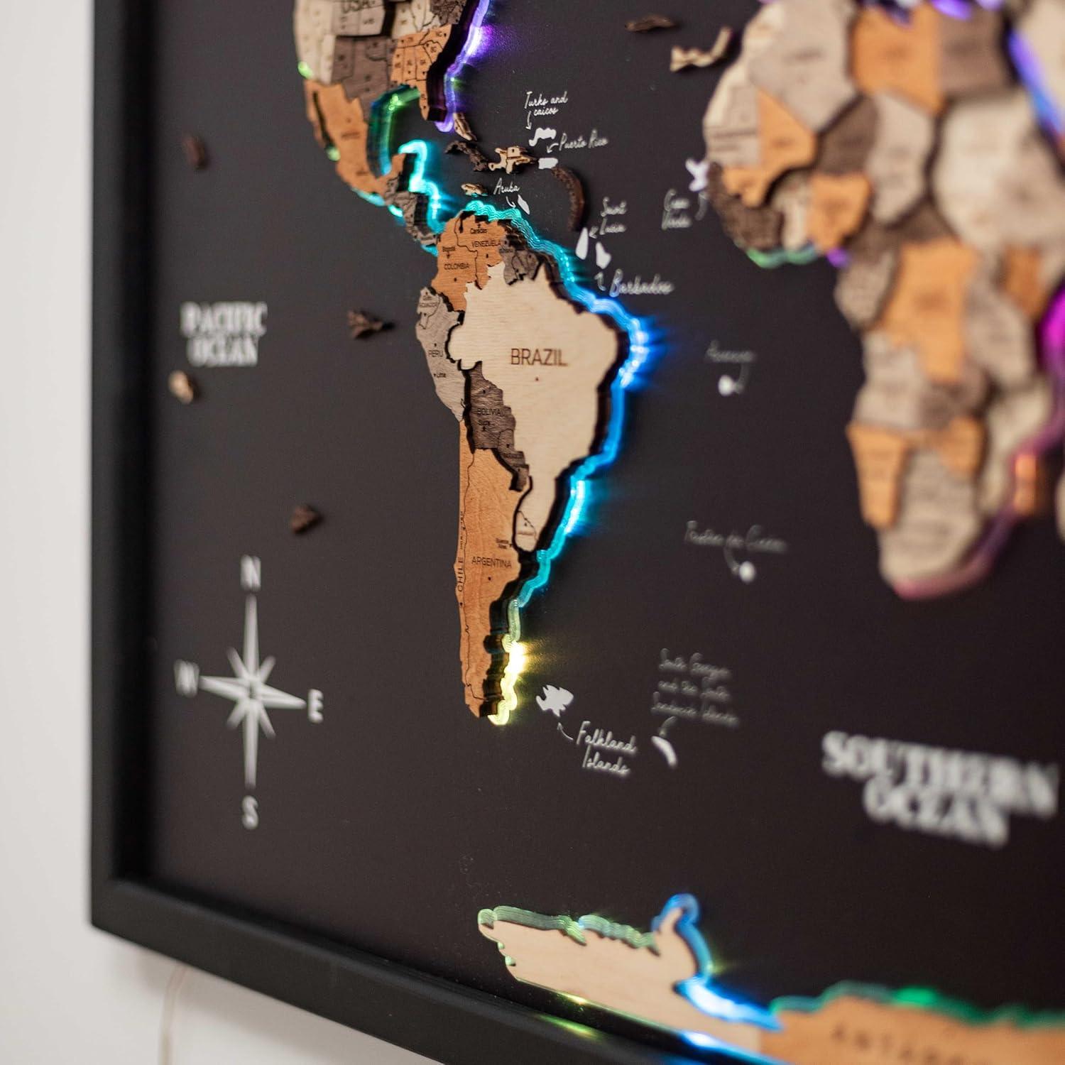 image:imageENJOY THE WOOD Wooden World Map on Board with LED Backlight 20 Handmade World Maps for Wall with Frame Personalizable Travel Map with Pins for Living Room Office or Bedroom Multicolor MediumMulticolor