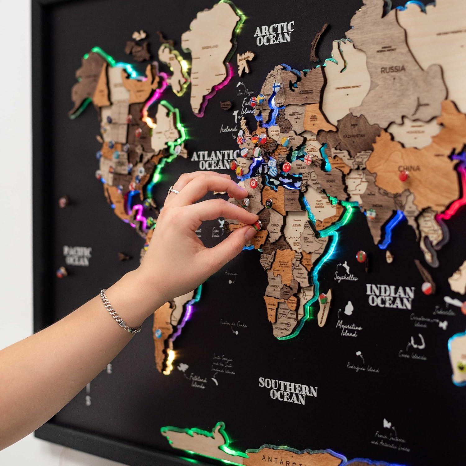 image:imageENJOY THE WOOD Wooden World Map on Board with LED Backlight 20 Handmade World Maps for Wall with Frame Personalizable Travel Map with Pins for Living Room Office or Bedroom Multicolor MediumMulticolor