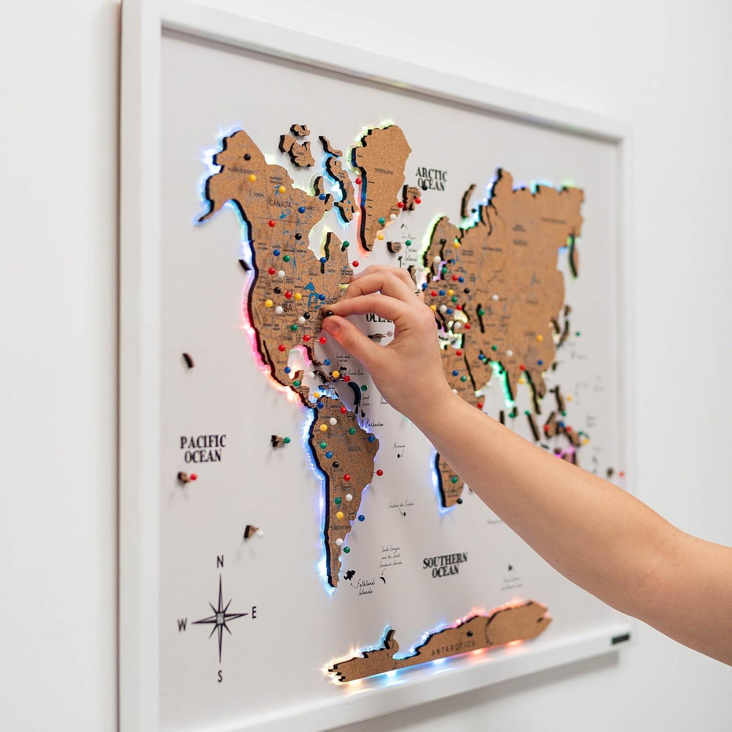 image:imageENJOY THE WOOD Wooden World Map on Board with LED Backlight 20 Handmade World Maps for Wall with Frame Personalizable Travel Map with Pins for Living Room Office or Bedroom Multicolor MediumCork