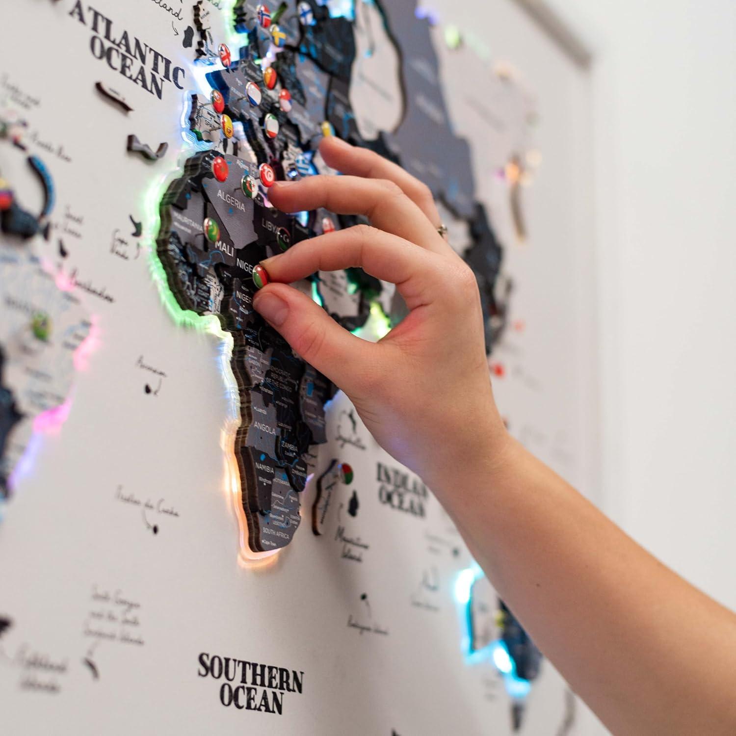 image:imageENJOY THE WOOD Wooden World Map on Board with LED Backlight 20 Handmade World Maps for Wall with Frame Personalizable Travel Map with Pins for Living Room Office or Bedroom Multicolor MediumNordik