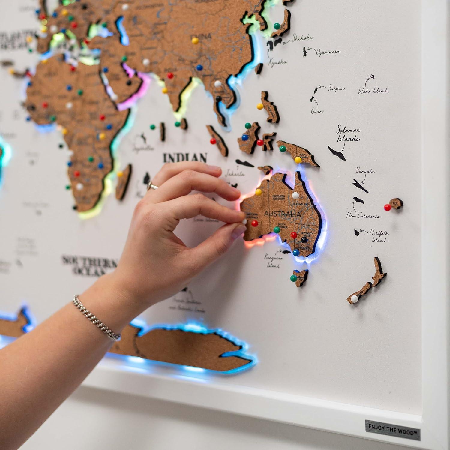 image:imageENJOY THE WOOD Wooden World Map on Board with LED Backlight 20 Handmade World Maps for Wall with Frame Personalizable Travel Map with Pins for Living Room Office or Bedroom Multicolor MediumCork