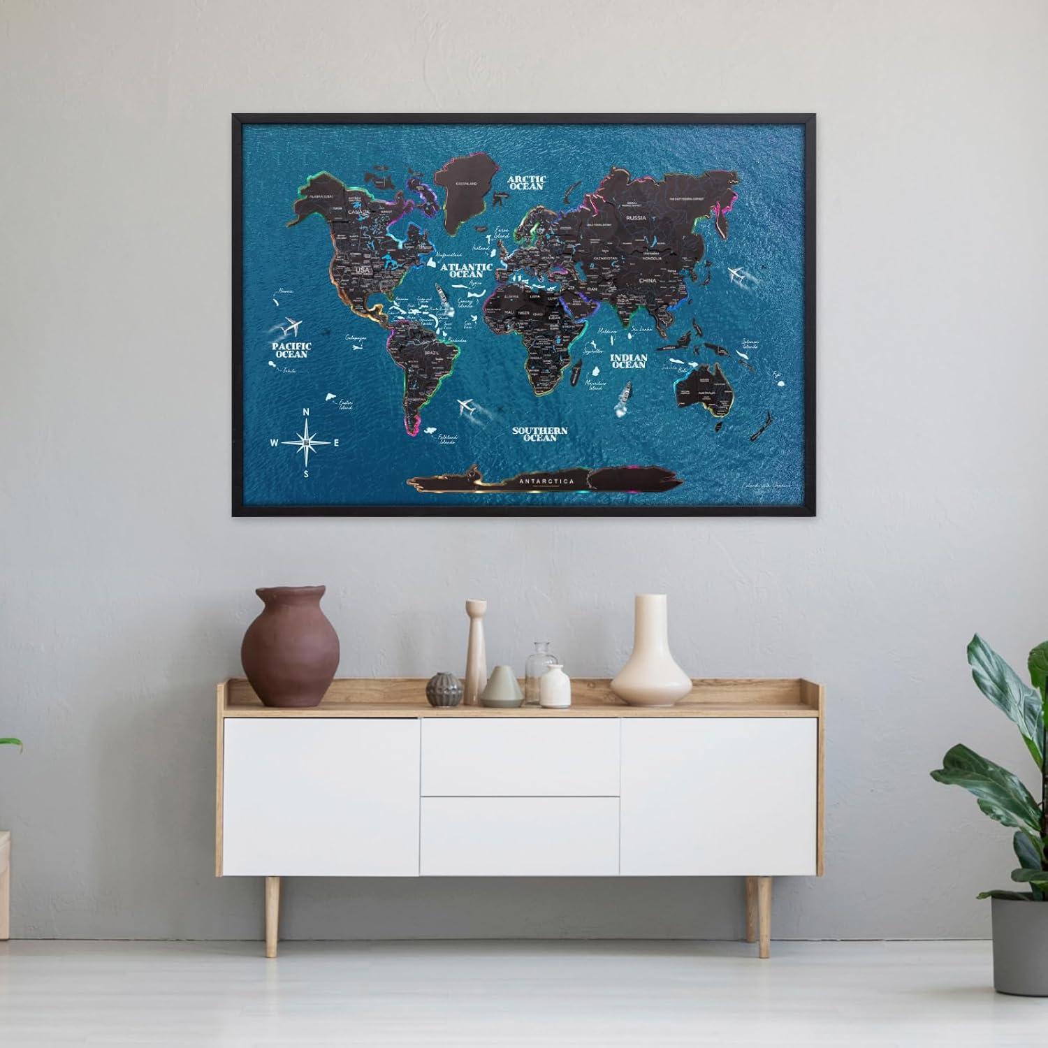 image:imageENJOY THE WOOD Wooden World Map on Board with LED Backlight 20 Handmade World Maps for Wall with Frame Personalizable Travel Map with Pins for Living Room Office or Bedroom Multicolor MediumMidnight