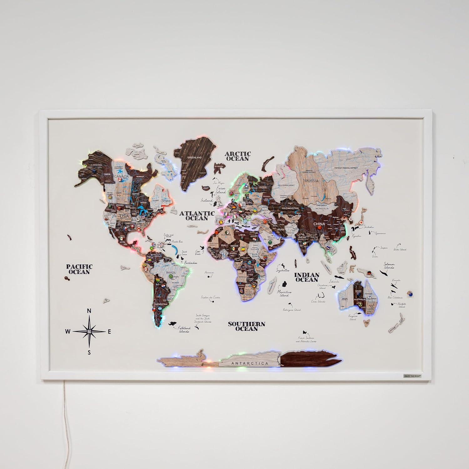 image:imageENJOY THE WOOD Wooden World Map on Board with LED Backlight 20 Handmade World Maps for Wall with Frame Personalizable Travel Map with Pins for Living Room Office or Bedroom Multicolor MediumCappuccino