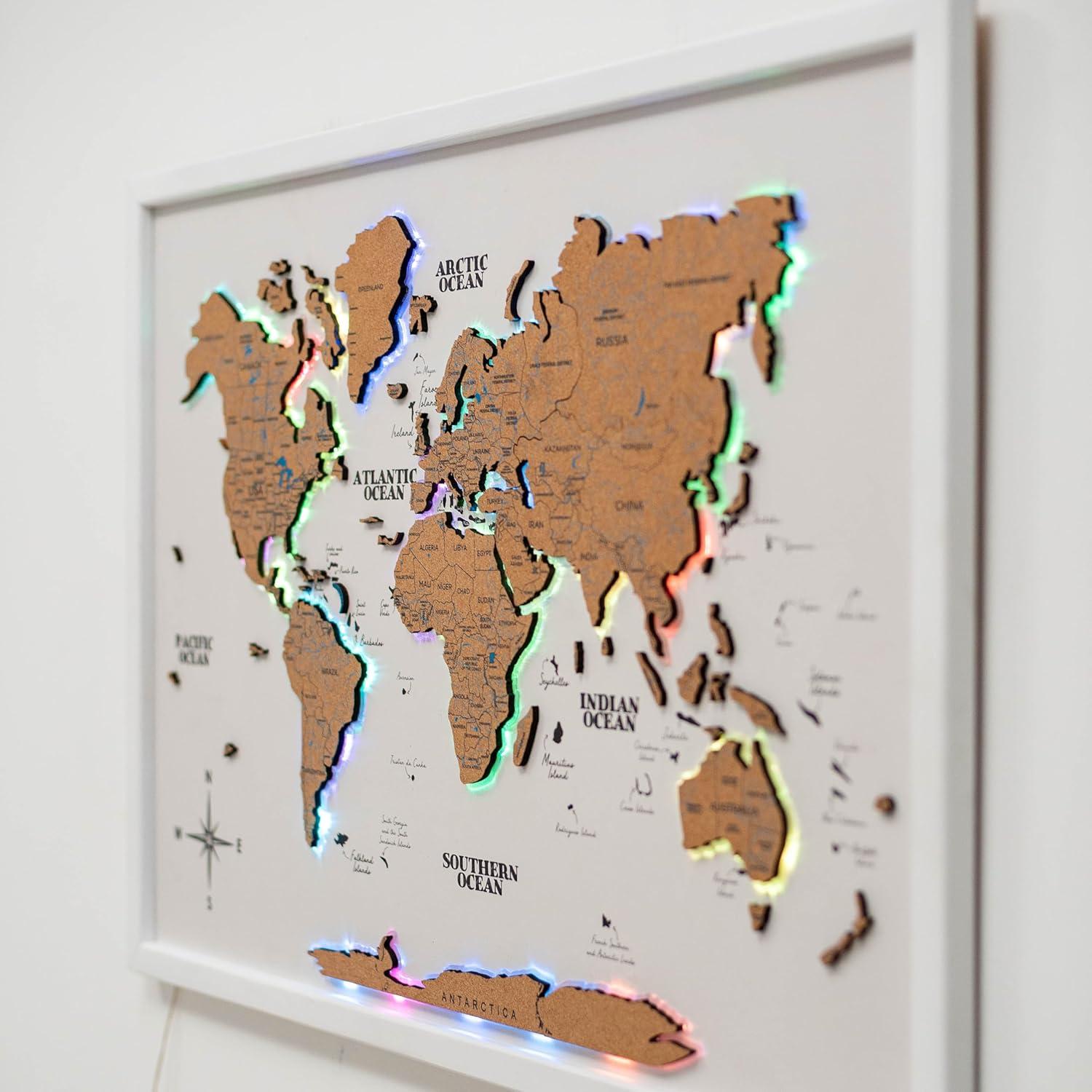 image:imageENJOY THE WOOD Wooden World Map on Board with LED Backlight 20 Handmade World Maps for Wall with Frame Personalizable Travel Map with Pins for Living Room Office or Bedroom Multicolor MediumCork