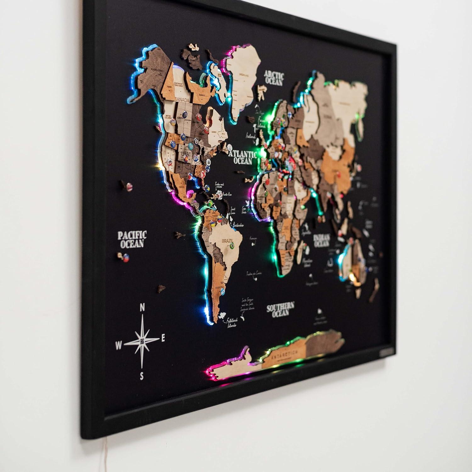 image:imageENJOY THE WOOD Wooden World Map on Board with LED Backlight 20 Handmade World Maps for Wall with Frame Personalizable Travel Map with Pins for Living Room Office or Bedroom Multicolor MediumMulticolor