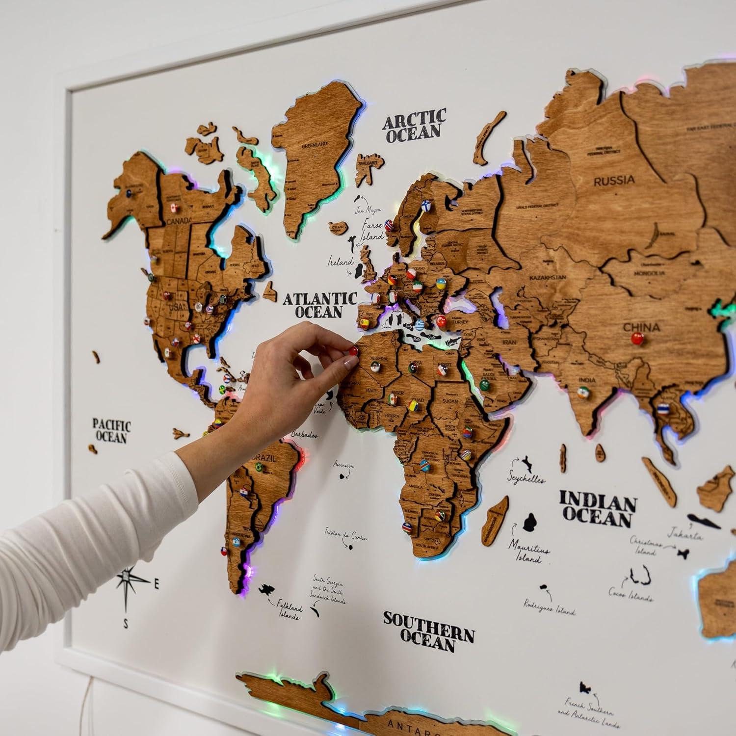 image:imageENJOY THE WOOD Wooden World Map on Board with LED Backlight 20 Handmade World Maps for Wall with Frame Personalizable Travel Map with Pins for Living Room Office or Bedroom Multicolor MediumOak