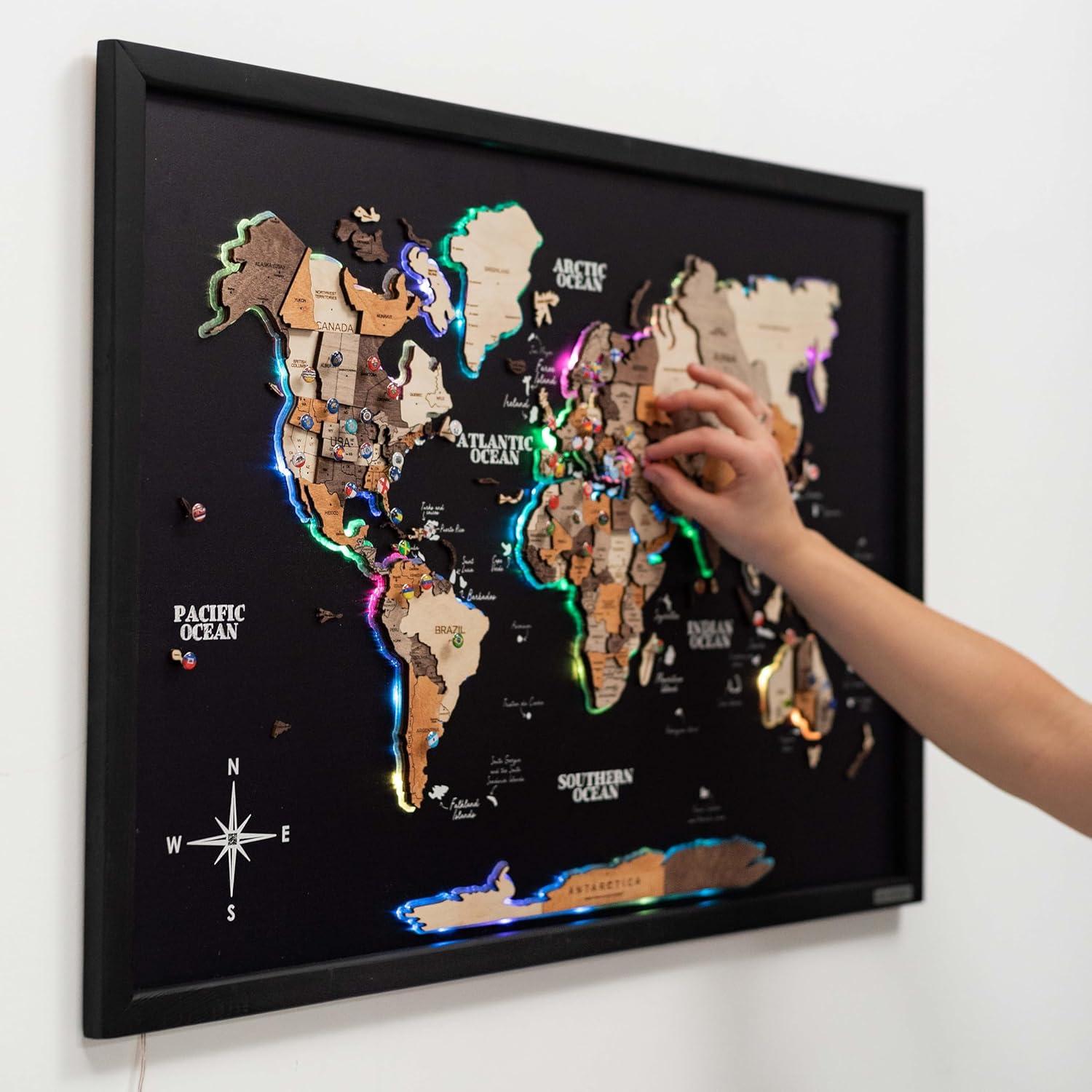image:imageENJOY THE WOOD Wooden World Map on Board with LED Backlight 20 Handmade World Maps for Wall with Frame Personalizable Travel Map with Pins for Living Room Office or Bedroom Multicolor MediumMulticolor