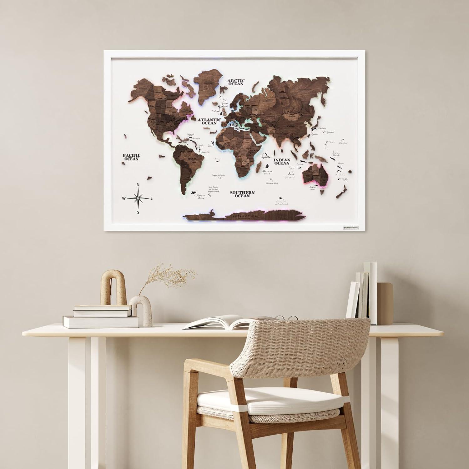 image:imageENJOY THE WOOD Wooden World Map on Board with LED Backlight 20 Handmade World Maps for Wall with Frame Personalizable Travel Map with Pins for Living Room Office or Bedroom Multicolor MediumDark Walnut