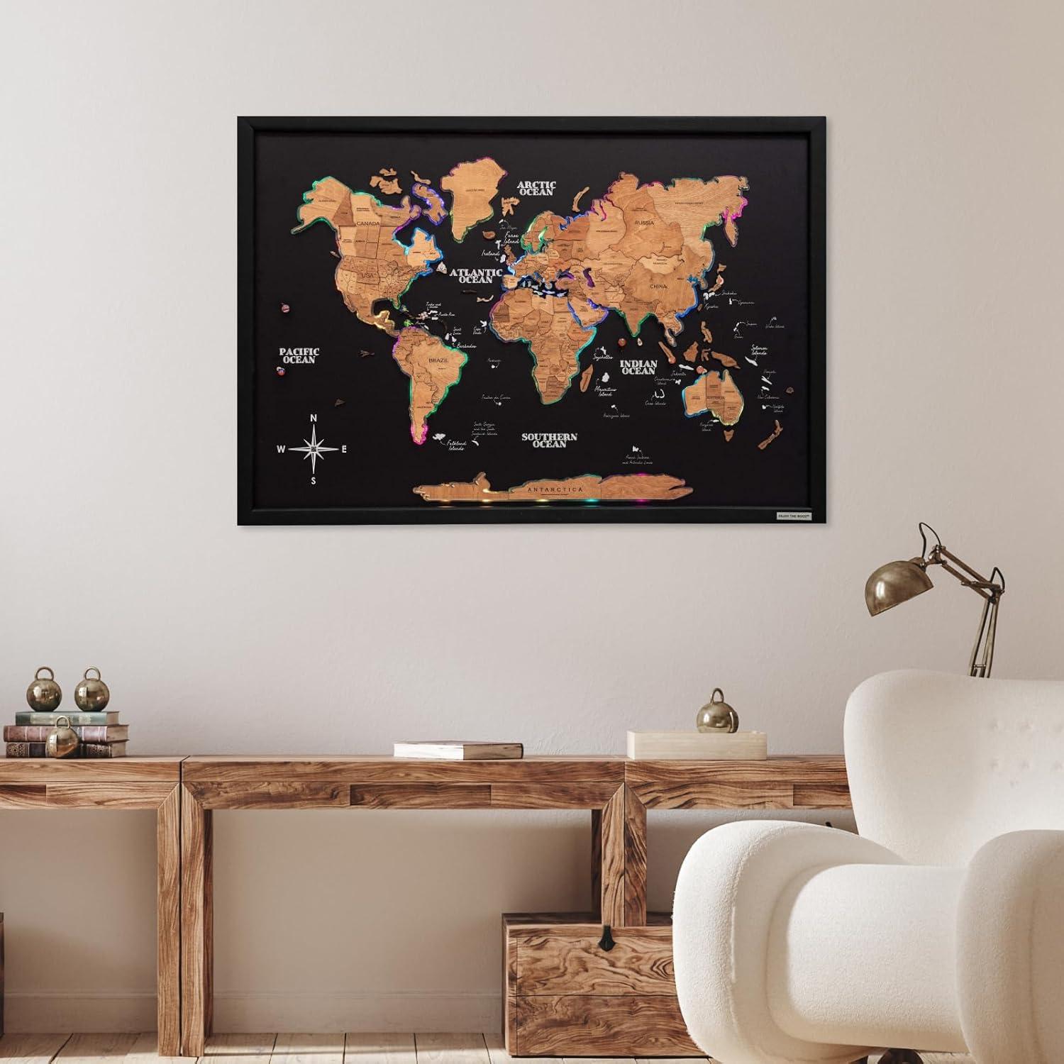 image:imageENJOY THE WOOD Wooden World Map on Board with LED Backlight 20 Handmade World Maps for Wall with Frame Personalizable Travel Map with Pins for Living Room Office or Bedroom Multicolor MediumOak